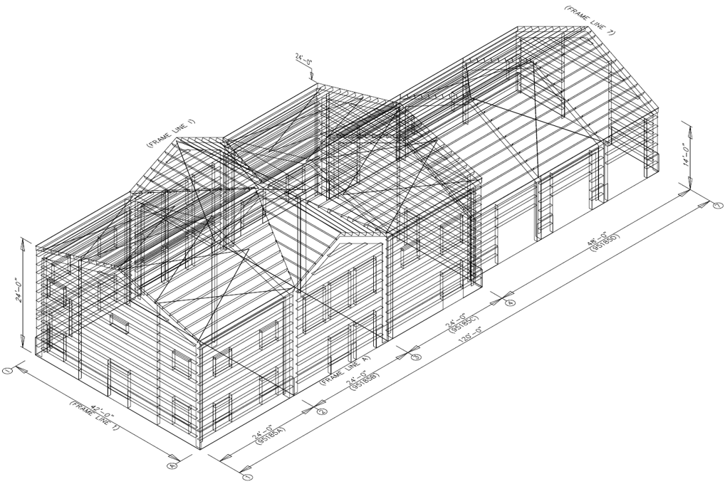 A 3D isometric render of the primary and secondary steel framing for the Hoosier Homestead.