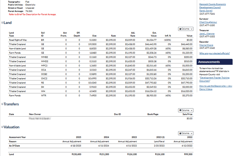 Example parcel report sourced from GIS with tax and sale history.